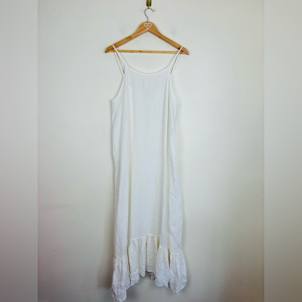 Bryn Walker 100% linen white slip column midi dress with ruffle hem. Medium